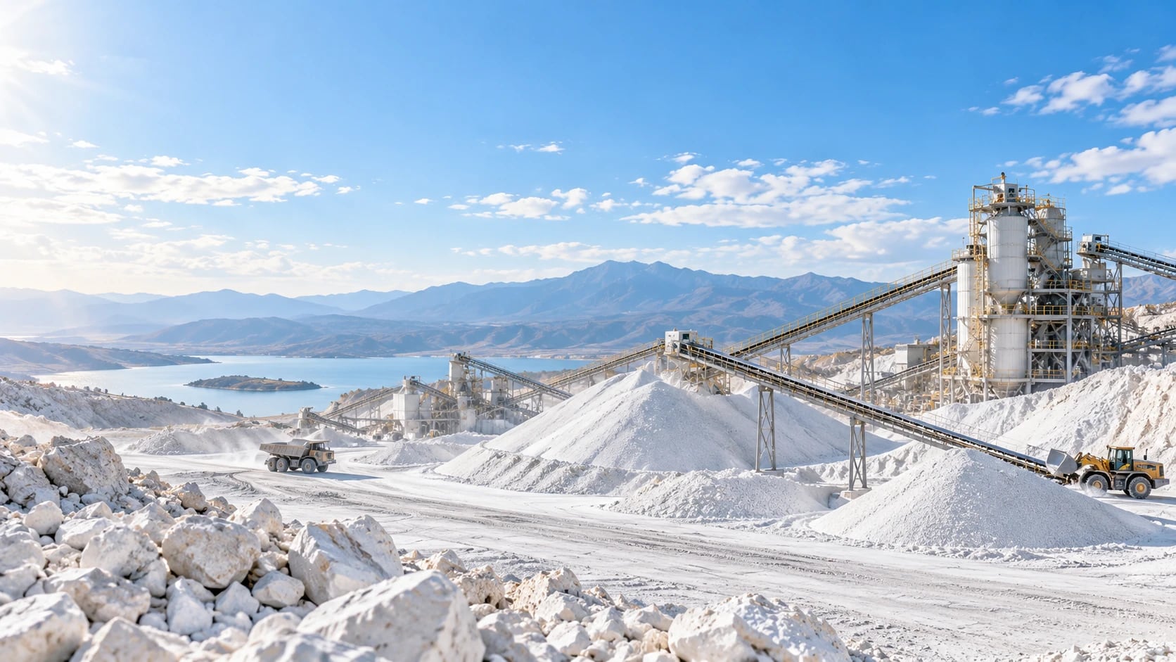 White industrial mineral processing plant with conveyors and stockpiles beside a lake and mountains
